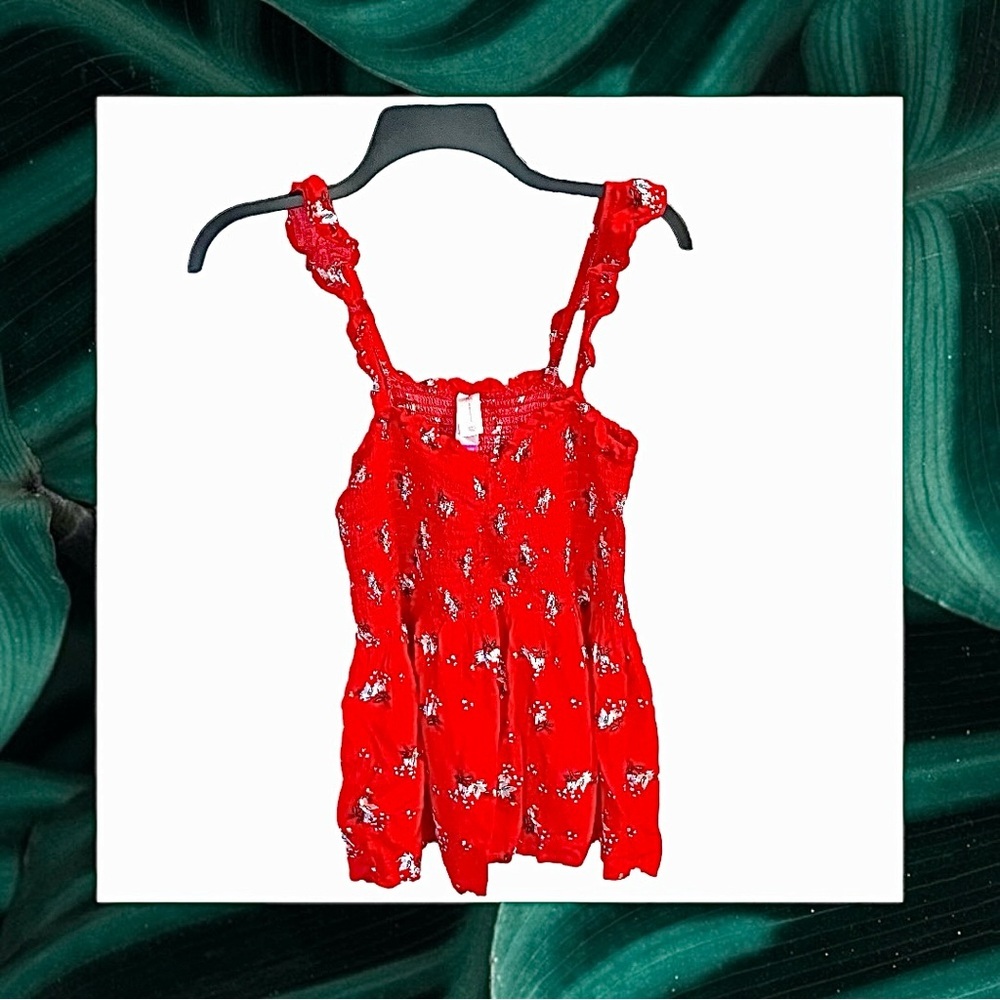 No Boundaries Red Floral Summer Top w Scrunch Bodice w Ruffle Straps Juniors XXL